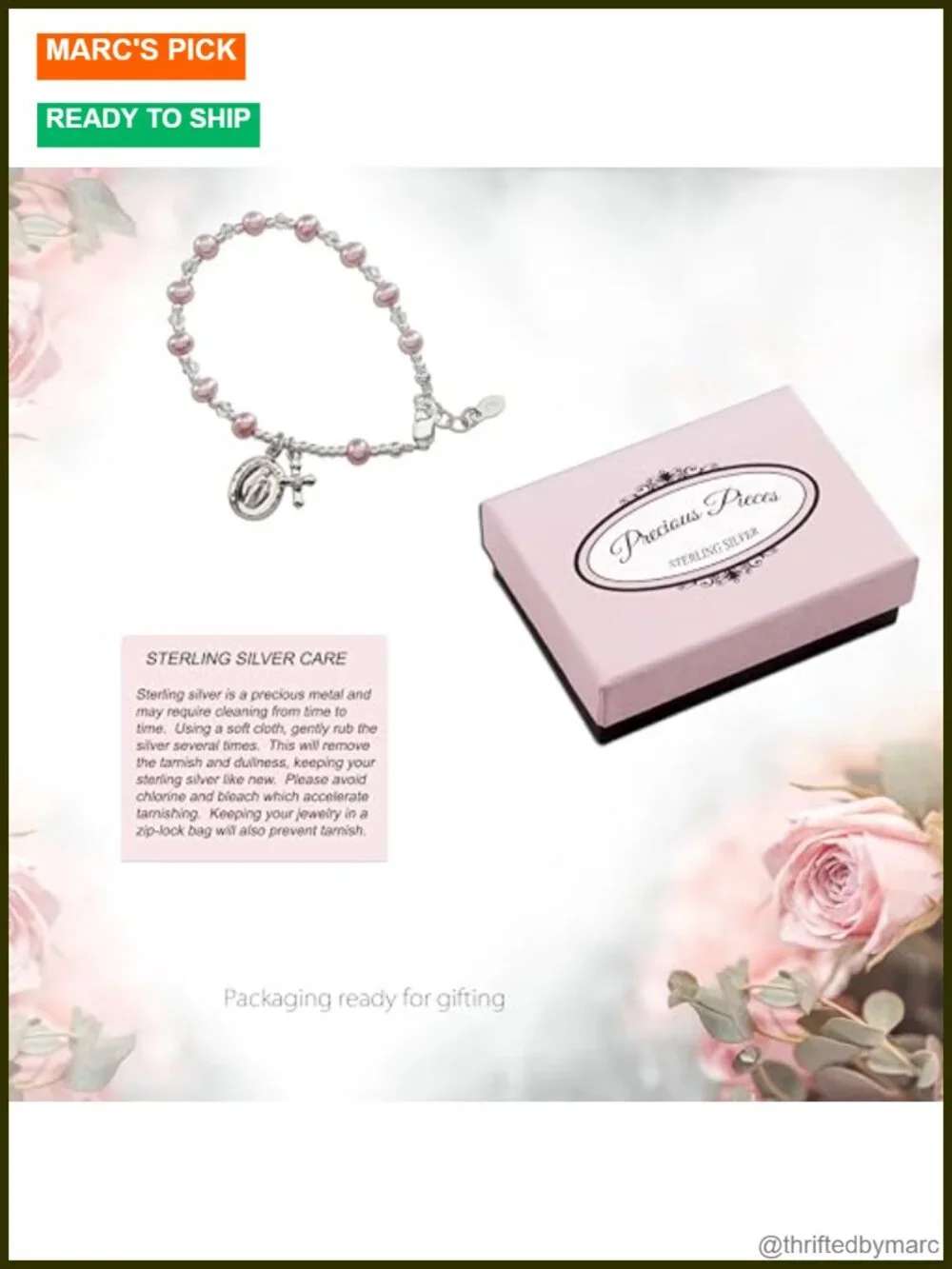 Girls Sterling Silver Rosary Bracelet, 14K Gold-Plated Adjustable First